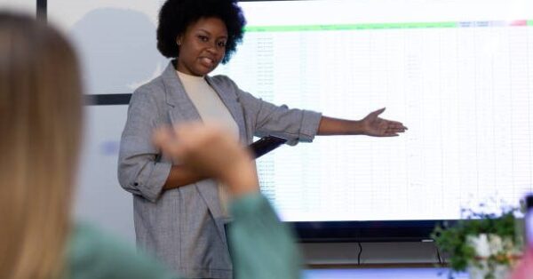 Creating an Effective Business Marketing Plan in 5 Steps African american businesswoman standing in front of tv screen giving presentation. business in a modern office.