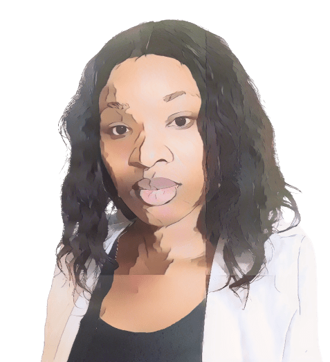 A digital illustration of a woman with wavy black hair, wearing a white jacket over a black top, looking directly at the viewer against a plain light background.