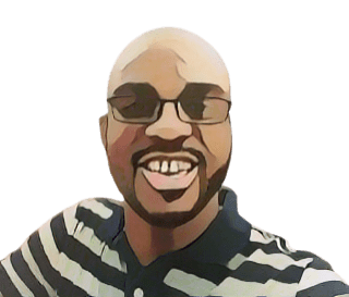 Cartoon-style image of a smiling man with a beard and glasses, wearing a black and white striped collared shirt, against a plain white background.