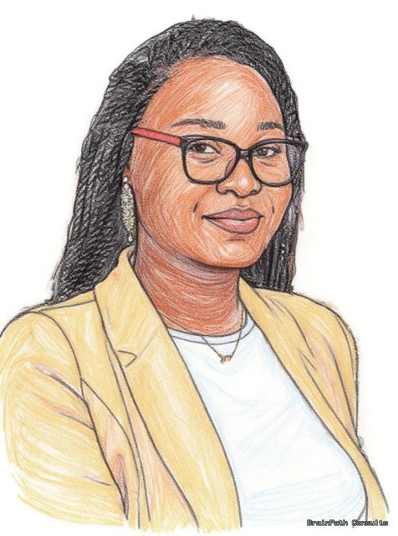 A colored pencil portrait of a woman with long braided hair, wearing glasses, a beige blazer, white top, and a necklace, shown from the shoulders up and smiling slightly.