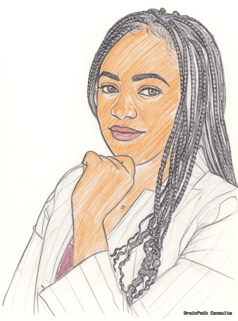 Colored pencil portrait of the BrainPath Consults Customer Service Manager with long braided hair, glasses, a beige blazer, white top, and necklace, shown from the shoulders up, smiling slightly, highlighting client support expertise, customer care leadership, and professional service management.