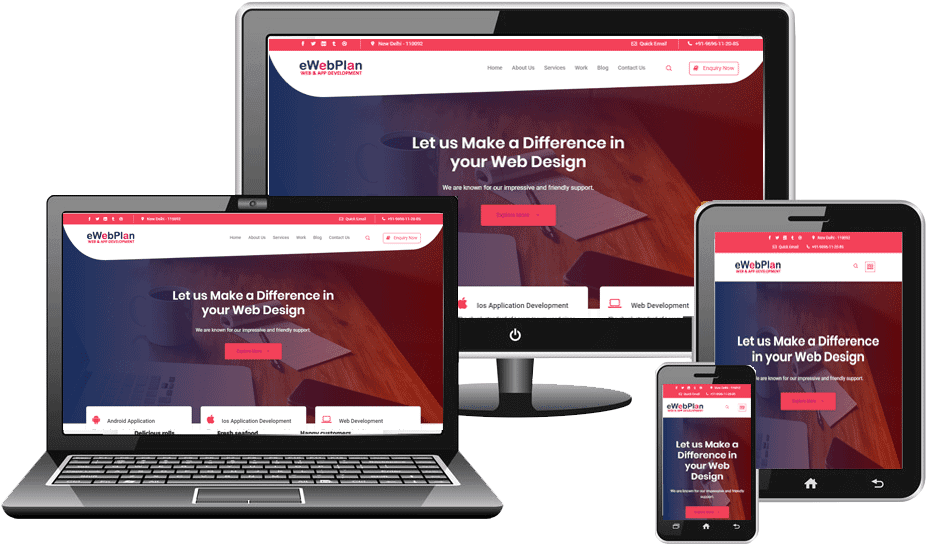 A responsive website displayed on a laptop, desktop monitor, tablet, and smartphone, all showing the same web design with the text “Let us Make a Difference in your Web Design” on the screens.