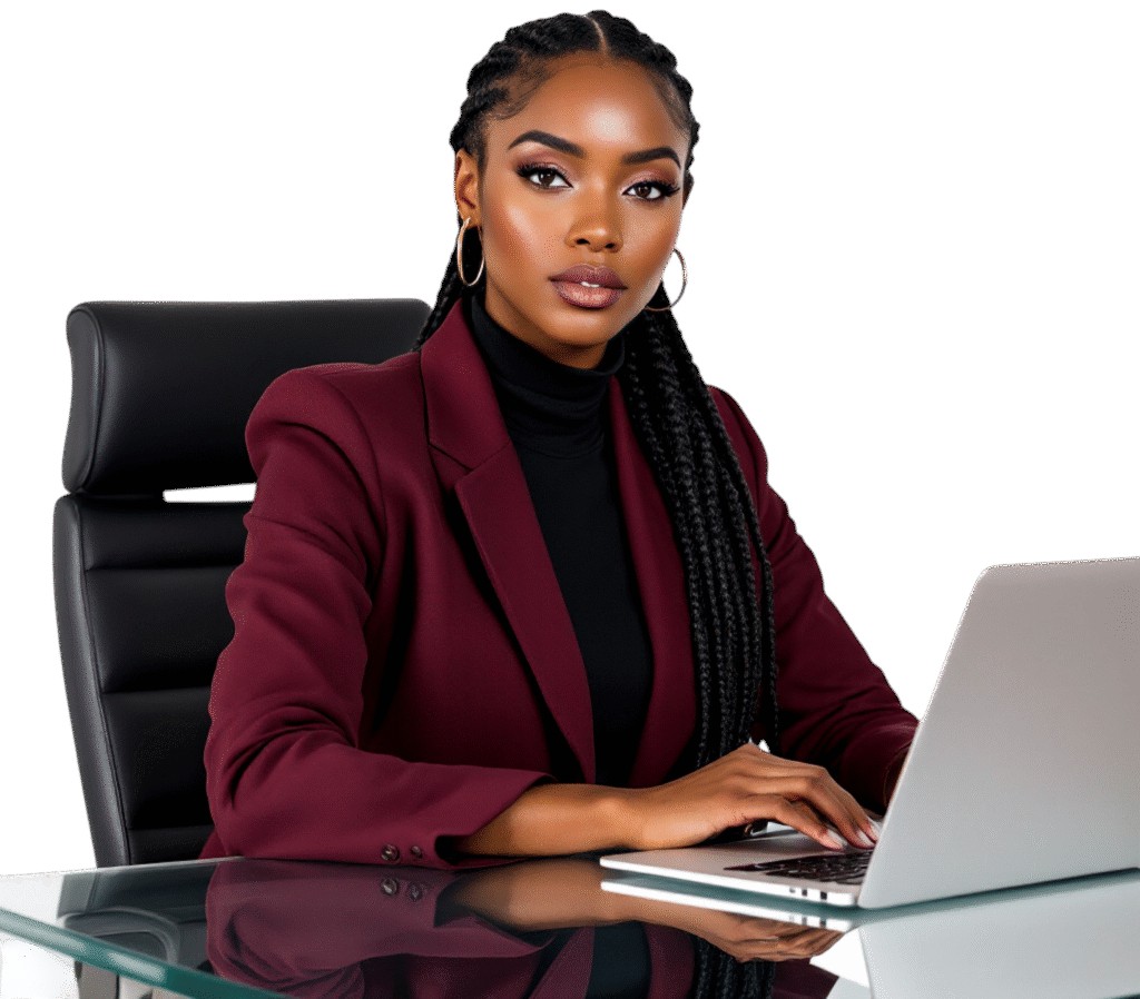 A woman with long braided hair, wearing a burgundy blazer and black turtleneck, sits at a glass desk working on a laptop. She looks confidently at the camera against a plain white background.