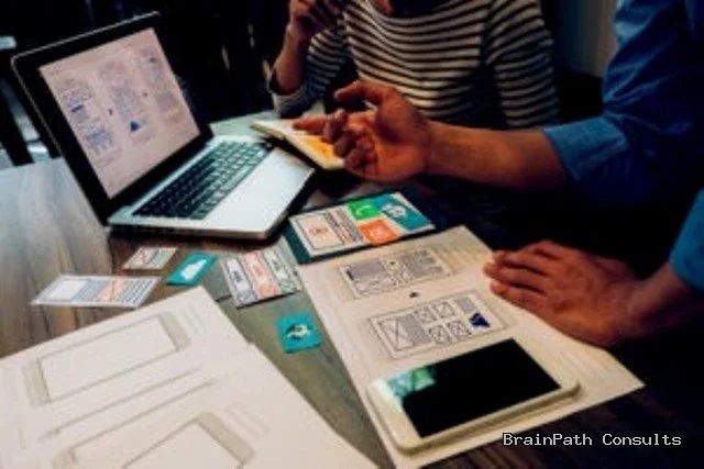 Two people collaborate at a desk with a laptop, smartphone, and papers displaying app or website wireframes and colorful cards, representing BrainPath Consults’ expertise in web design, planning, and digital project collaboration.