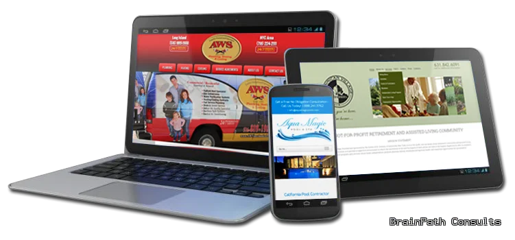A laptop, tablet, and smartphone showcase business websites crafted by BrainPath Consults, highlighting expert web development, responsive layouts, and seamless performance for modern brands across diverse industries.